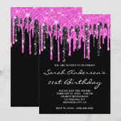 Hot-roze en zwarte glitter 21e verjaardag kaart (Voorkant / Achterkant)