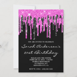 Hot-roze en zwarte glitter 21e verjaardag kaart