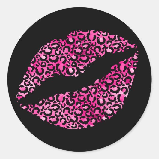 Hot-roze en zwarte luipaarden Lipstick Ronde Sticker (Voorkant)