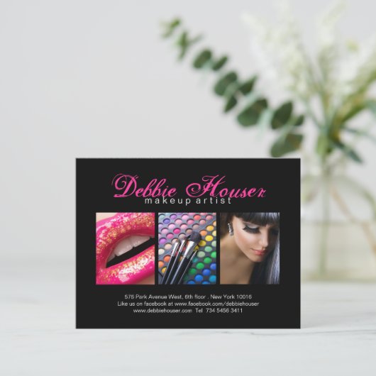 Hot-roze en zwarte monogram Makeup Comp-kaart Briefkaart (Staand voorkant)