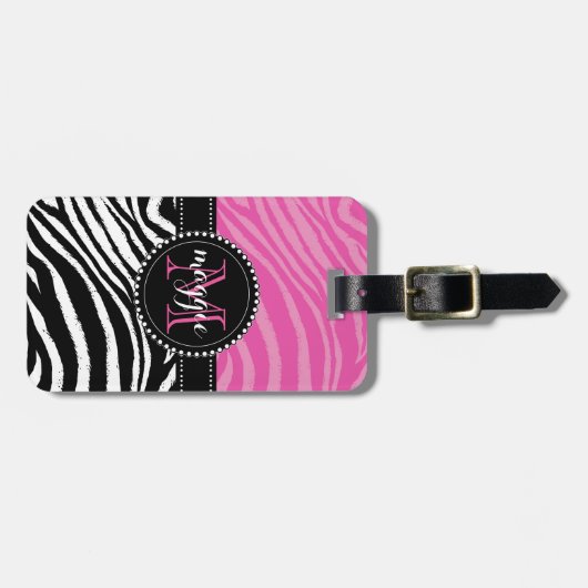 Hot-roze en zwarte zebra Afdrukmonogram giro2 Bagagelabel (Voorkant horizontaal)