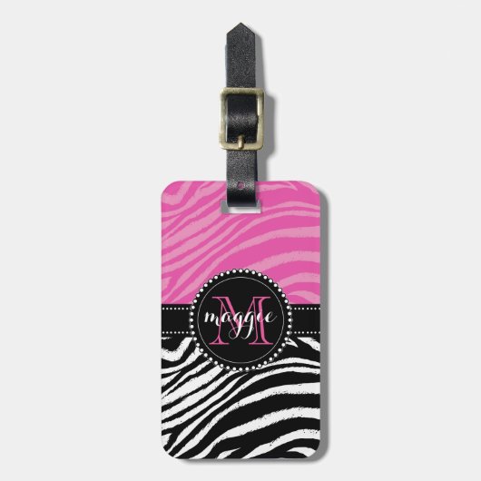 Hot-roze en zwarte zebra Afdrukmonogram giro2 Bagagelabel (Voorkant verticaal)