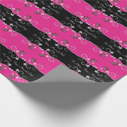 Hot-Roze en zwarte Zwirly Flowers Cadeaupapier (Hoek)