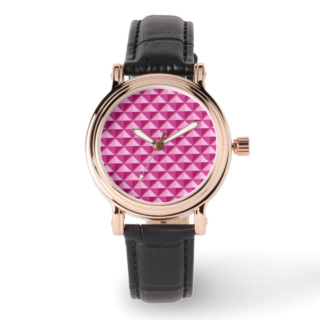 Hot roze, enamel look, bestudeerd raster horloge (Voorkant)