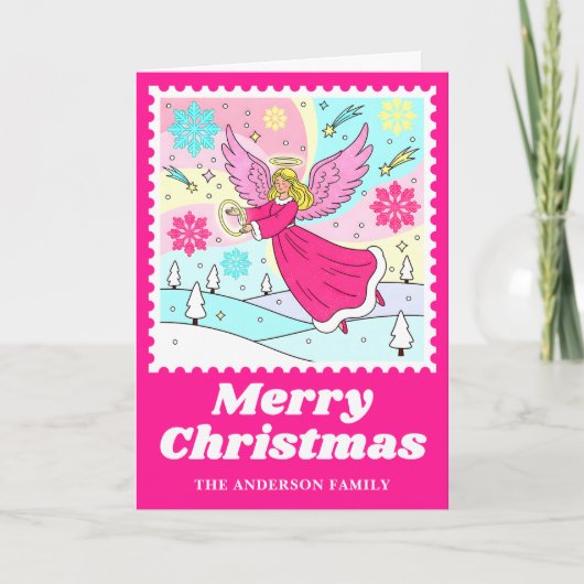 Hot Roze Engel Postzegel Kerstmis Feestdagen Kaart (Voorkant)