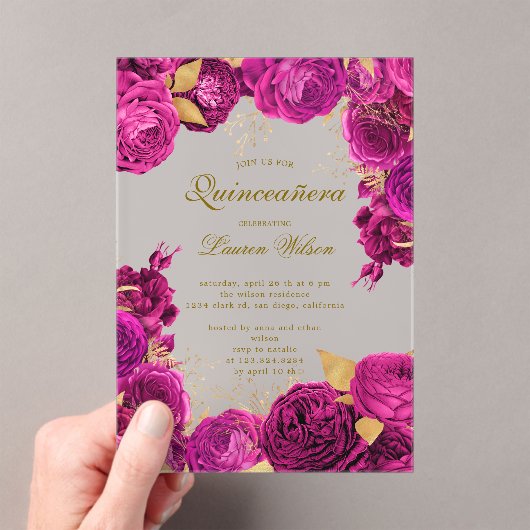 Hot Roze Exclusieve Bloemen Quinceanera Acryl Uitnodigingen (Insitu (Draagbaar))