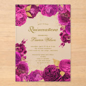 Hot Roze Exclusieve Bloemen Quinceanera Acryl Uitnodigingen (Voorkant)
