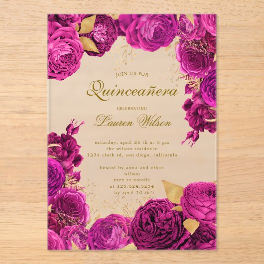 Hot Roze Exclusieve Bloemen Quinceanera Acryl Uitnodigingen (Voorkant)