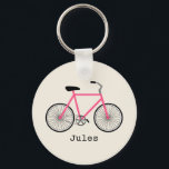 Hot-roze fietsenwiel-Sleutelhanger Sleutelhanger<br><div class="desc">Een sleutelhanger met een afbeelding van een roze fiets. Personaliseer met jouw naam onder de fiets.</div>