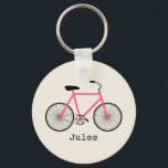 Hot-roze fietsenwiel-Sleutelhanger Sleutelhanger<br><div class="desc">Een sleutelhanger met een afbeelding van een roze fiets. Personaliseer met jouw naam onder de fiets.</div>