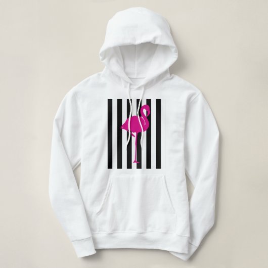 Hot-roze flamingo op zwarte en witte strepen hoodie (Design voorkant)