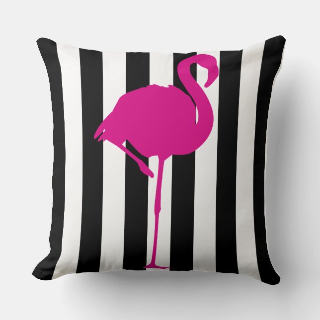 Hot-roze flamingo op zwarte & witte strepen kussen (Voorkant)
