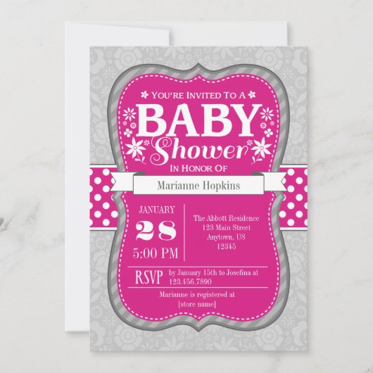 Hot-roze Floral Baby shower Kaart (Voorkant)