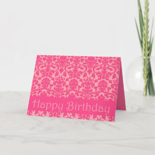 Hot-roze Floral Damask Happy Birthday-kaart Kaart