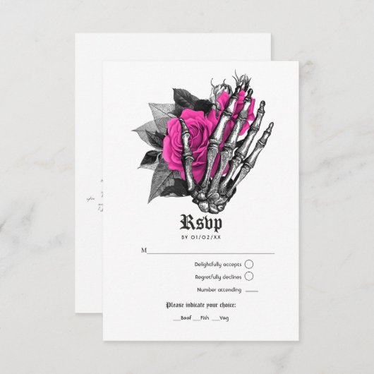Hot-roze Floral Gothic Wedding RSVP Kaartje (Voorkant / Achterkant)