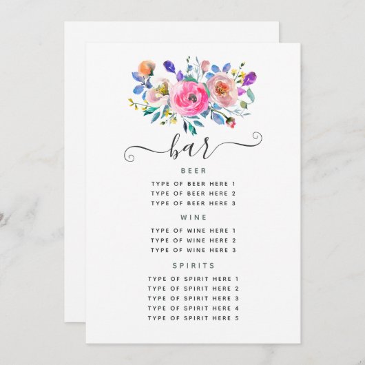 Hot-roze Floral Vintage Wedding Bar Menu (Voorkant / Achterkant)