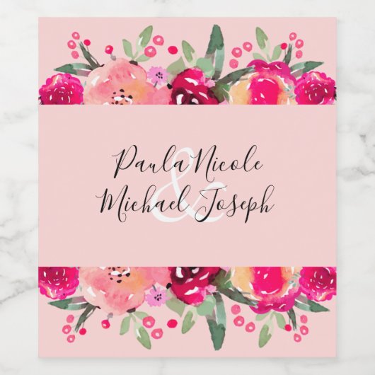Hot-roze Floral Waterverf bruiloft Wijn Etiket (Enkel label)
