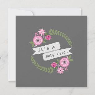 Hot-roze Floral Wreath en Banner Girl Baby shower Kaart