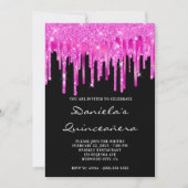 Hot-roze Folie met glitter Drift zwart Quinceañera Kaart (Voorkant)