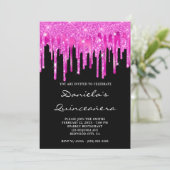 Hot-roze Folie met glitter Drift zwart Quinceañera Kaart (Staand voorkant)