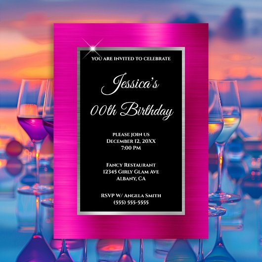 Hot-roze Folie Silver en Black Birthday Kaart