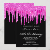 Hot-roze Folie voor glitter Dript Black 90th Birth Kaart (Voorkant / Achterkant)