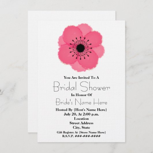 Hot-Roze Franse Anemone Bridal Shower-uitnodiging Kaart (Voorkant / Achterkant)