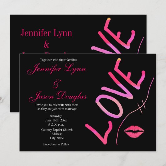 Hot-roze Fuchsia en Black Love Weddenation Kaart (Voorkant / Achterkant)