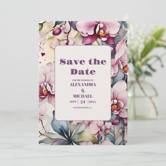 Hot roze fuchsia Waterverf orchideeën bruiloft Save The Date (Staand voorkant)