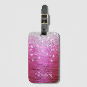 Hot roze geborsteld metaal zilver glitter monogram bagagelabel (Voorkant (verticaal))