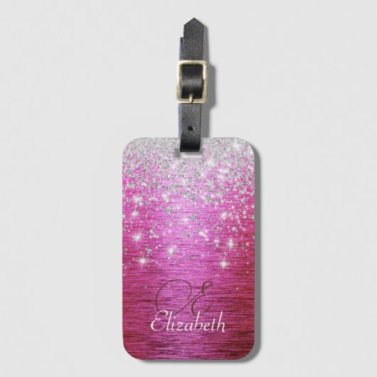 Hot roze geborsteld metaal zilver glitter monogram bagagelabel (Voorkant (verticaal))