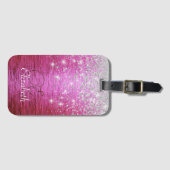 Hot roze geborsteld metaal zilver glitter monogram bagagelabel (Voorkant (horizontaal))
