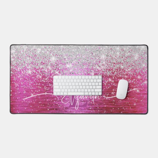 Hot roze geborsteld metaal zilver glitter monogram bureaumat (Keyboard & Muis)