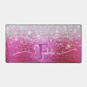 Hot roze geborsteld metaal zilver glitter monogram bureaumat (Voorkant)