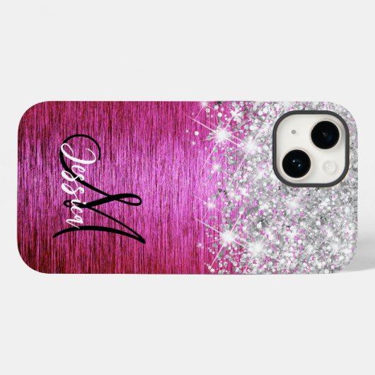 Hot roze geborsteld metaal zilver glitter monogram Case-Mate iPhone case (Achterkant (horizontaal))