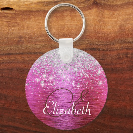 Hot roze geborsteld metaal zilver glitter monogram sleutelhanger (Achterkant)