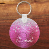 Hot roze geborsteld metaal zilver glitter monogram sleutelhanger (Voorkant)