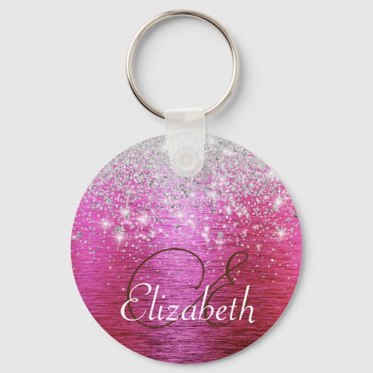 Hot roze geborsteld metaal zilver glitter monogram sleutelhanger (Achterkant)