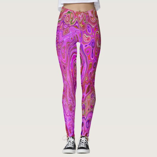 Hot-roze gemarmerde kleuren Abstract Retro Swirl Leggings (Voorkant)