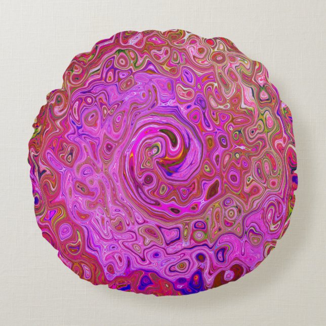 Hot-roze gemarmerde kleuren Abstract Retro Swirl Rond Kussen (Voorkant)