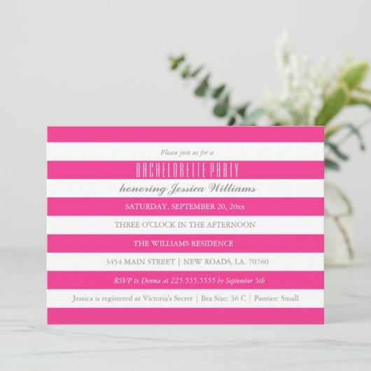 Hot Roze Gestreepte Bachelorette Party Uitnodiging (Staand voorkant)
