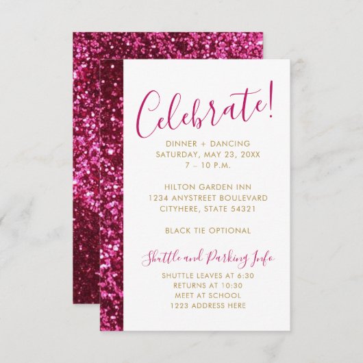 Hot-roze glazen stripe moderne Mitzvah-ontvangst Informatiekaartje (Voorkant / Achterkant)