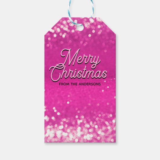 Hot roze glitter bokeh aangepaste tekst cadeaulabel (Voorkant)