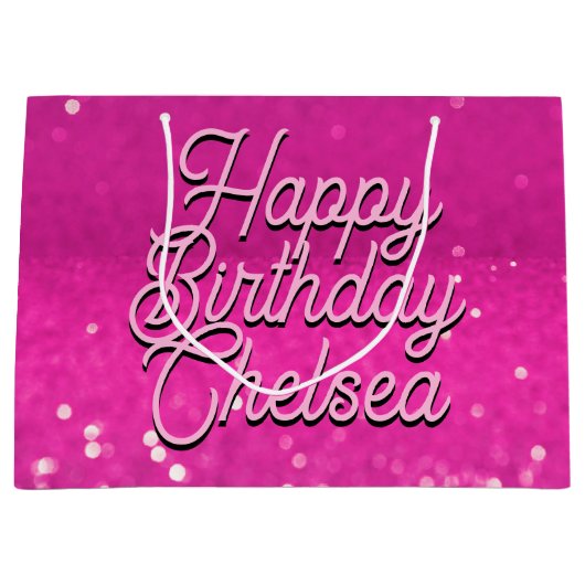 Hot roze glitter bokeh aangepaste tekst groot cadeauzakje (Voorkant)