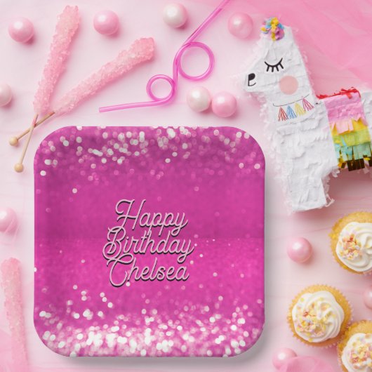 Hot roze glitter bokeh aangepaste tekst papieren bordje (Feest)