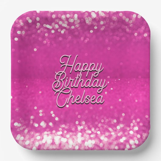 Hot roze glitter bokeh aangepaste tekst papieren bordje (Voorkant)