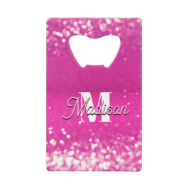 Hot roze glitter bokeh monogram creditkaart flessenopener
