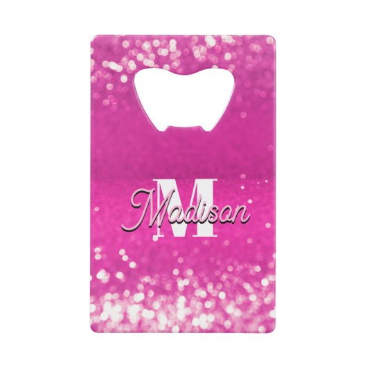 Hot roze glitter bokeh monogram creditkaart flessenopener (Voorkant)