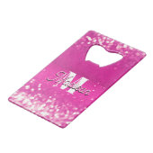 Hot roze glitter bokeh monogram creditkaart flessenopener (Voorkant Gekanteld)