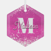 Hot roze glitter bokeh monogram glas ornament (Voorkant)